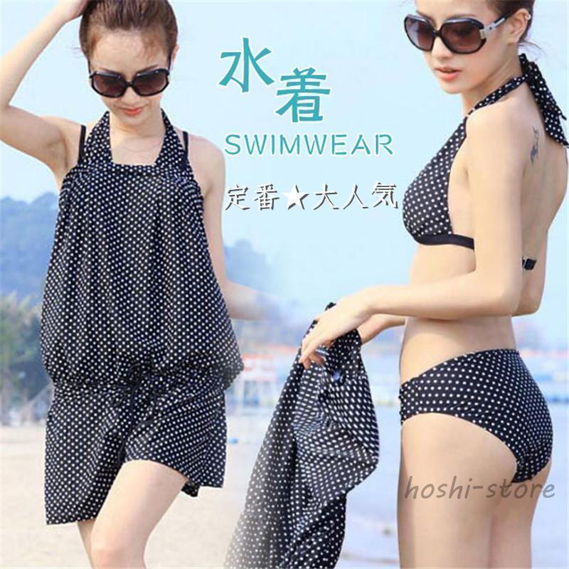 水着 レディース サロペッ ト ビキニ 体型カバー タンキニ ホルターネック ドット 3点セット ビーチ 温泉 海水浴 水泳 夏新作