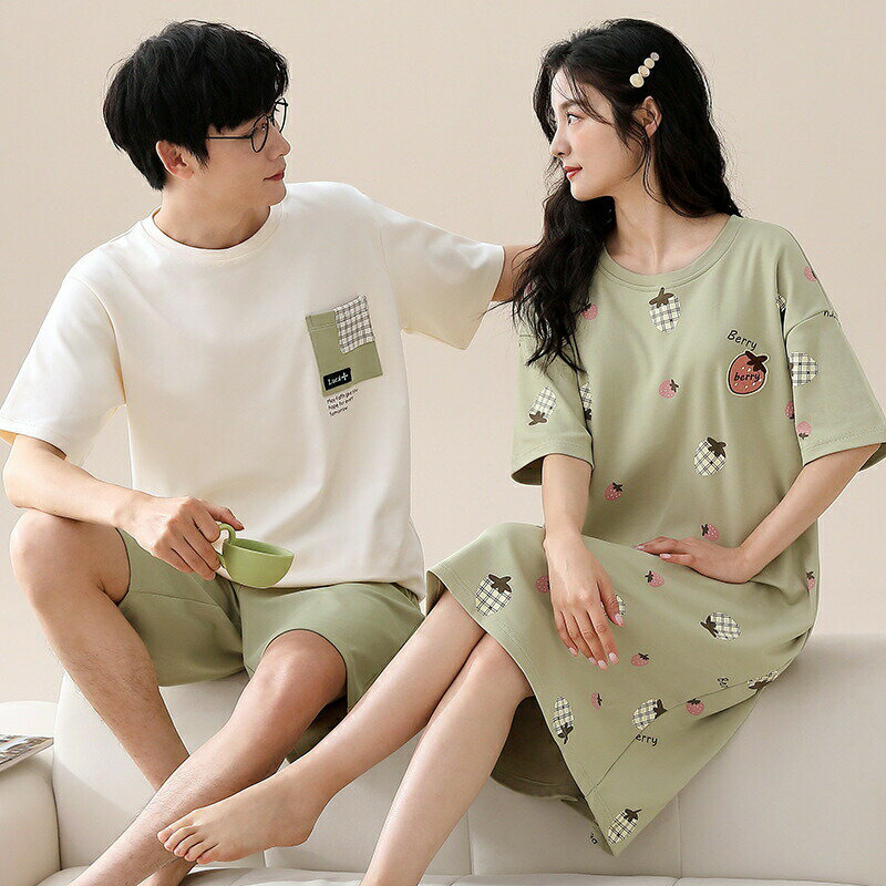 ギフト おしゃれ カップル 上下セット 半袖 夏 男女2着 ペア パジャマ セット 春夏 レディース メンズ ルームウェア パジャマ ワンピース 綿100% ペアパジャマ ペア 結婚祝い プレゼント スウェット 部屋着 パジャマ カップル お揃い プレゼント いちご シンプル