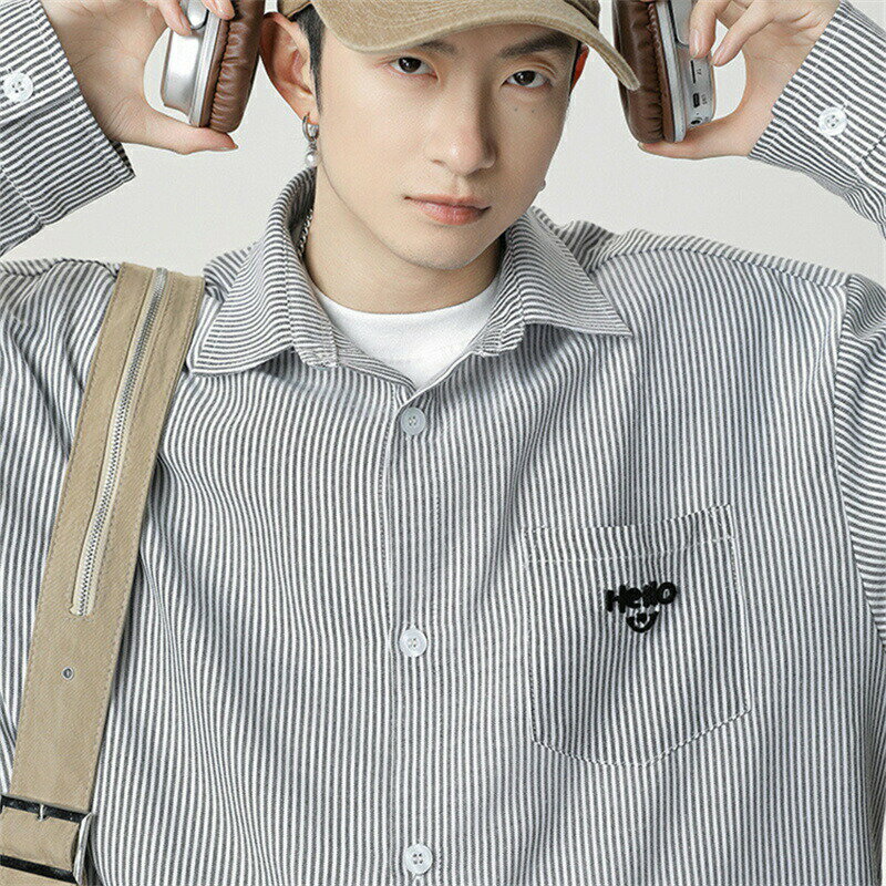 メンズ 長袖シャツ ストライプ柄 配色切替 ポケット付き 立体刺繍 ヴィンテージ風 カジュアル ルーズフ..