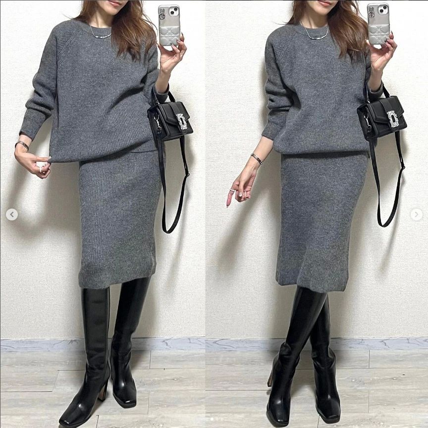 ニット セットアップ レディース 秋冬 ニットセットアップ 二点セット ニットセーター 秋 冬 ラウンドネック 長袖 ドロップショルダー 上下セット スカート タイト ミモレ丈 タイトスカート 無地 カジュアル ニットスカート フェミニンのサムネイル