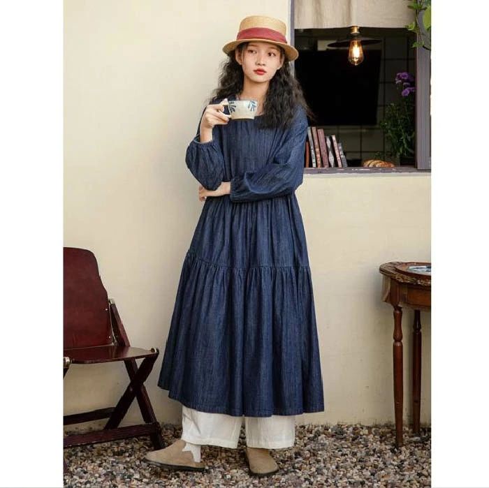 ワンピース ティアード 春 秋 長袖 デニム ワンピース ロングワンピース Aライン ふんわり ワンピース 長袖 ティアード ガーリー アンティーク 重ね着 レイヤード風 カジュアル マキシ丈 ワンピース ゆったり 大きいサイズ 体型カバー シンプル