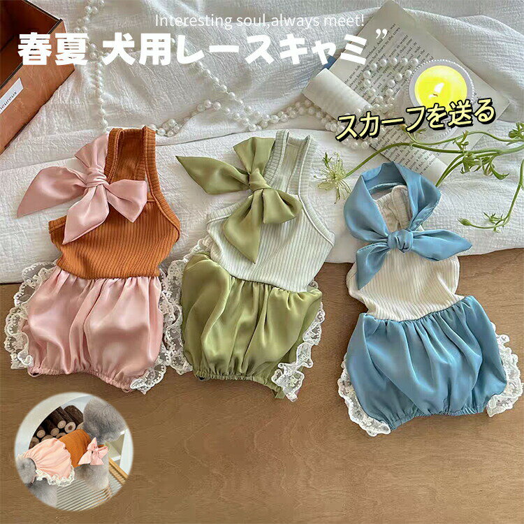 春夏 犬服 レース フリル キャミソール ロンパース SNS映え 可愛い スカーフ 2点セット 撮影 写真 ペッ..