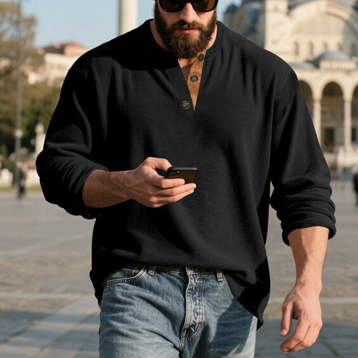 コーデュロイ tシャツ メンズ 長袖 ヘンリーネック カットソー クルーネック 丸首 無地 トップス シンプル カジュアル おしゃれ 通学 通勤 ファッション 秋 春 冬