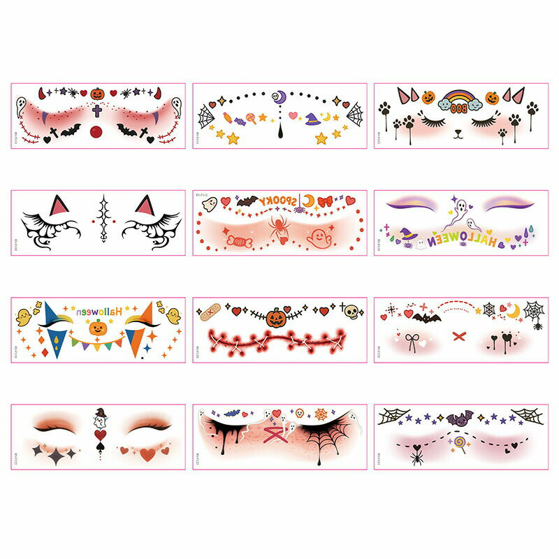 ハロウィン タトゥーシール 12枚セット 仮装 コスプレ 女性　子供 キッズ　かわいい フェイスシール 顔..