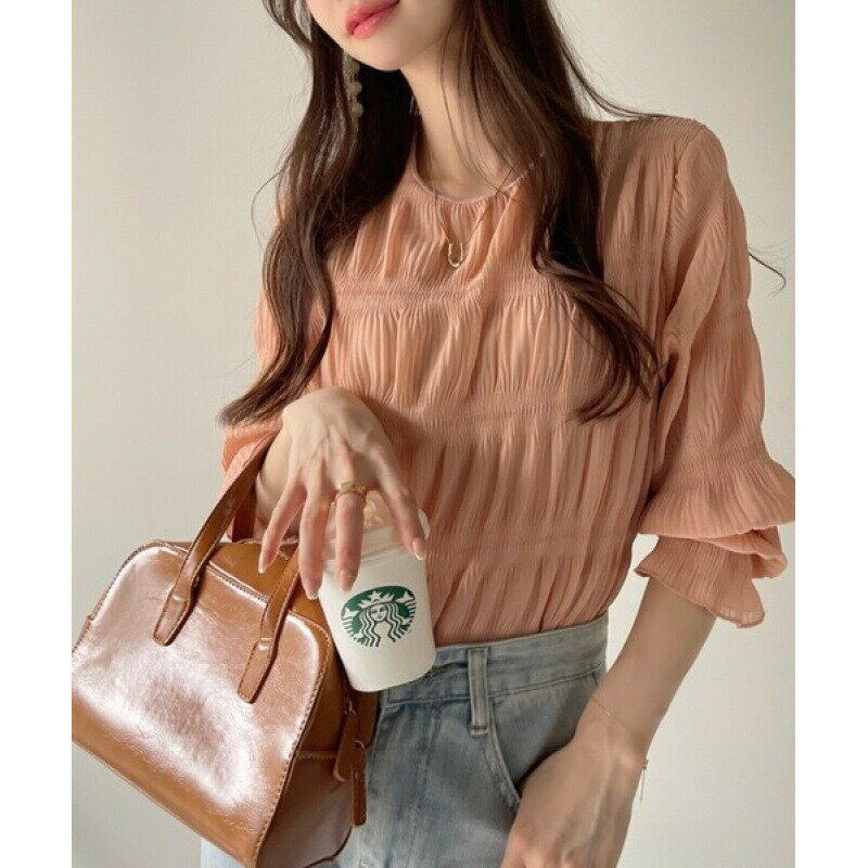 2025年新作 レディース プリーツフレアスリーブブラウス シフォン素材 ルーズフィット