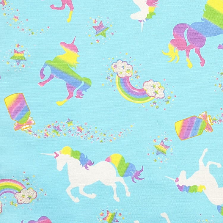 コップ袋・巾着袋S【ユニコーン柄 ライトブルー】マチ無し ナフキン入れ ランチョンマット入れ ポーチ 道具袋 日本製 プリント コットン生地 綿 布製 可愛い 洗える 入園準備 入園グッズ 入学 幼稚園 保育園 小学校 中学校 習い事 子供 キッズ 女の子 レインボー ラメ