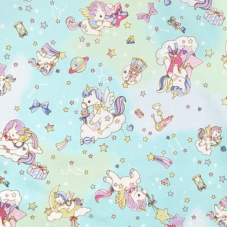 給食袋・巾着袋M【星空ユニコーン柄 グリーン】マチ無し ナフキン入れ ランチョンマット入れ ポーチ 道具袋 日本製 プリント コットン生地 綿 布製 可愛い 洗える 入園準備 入園グッズ 入学 幼稚園 保育園 小学校 中学校 習い事 子供 キッズ 女の子 ペガサス 星座