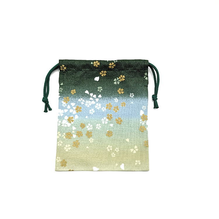 ミニ巾着袋・SS袋(15cm×12cm)【和柄 ちりめん風 桜舞文様 グリーン】巾着 ポーチ ...