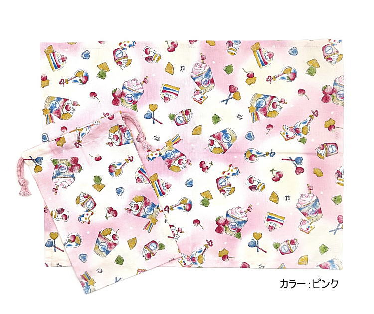 給食袋(巾着袋MS)＋ナフキン(長方形) 2点セット【ユニコーンとスイーツ柄 3カラー】ランチクロス ランチョンマット コップ袋 はし袋 箸袋 ポーチ 小物入れ 日本製 コットン生地 綿 布製 可愛い 洗える 入園 入学 幼稚園 保育園 小学校 中学校 子供 キッズ パフェ ケーキ ラメ 2