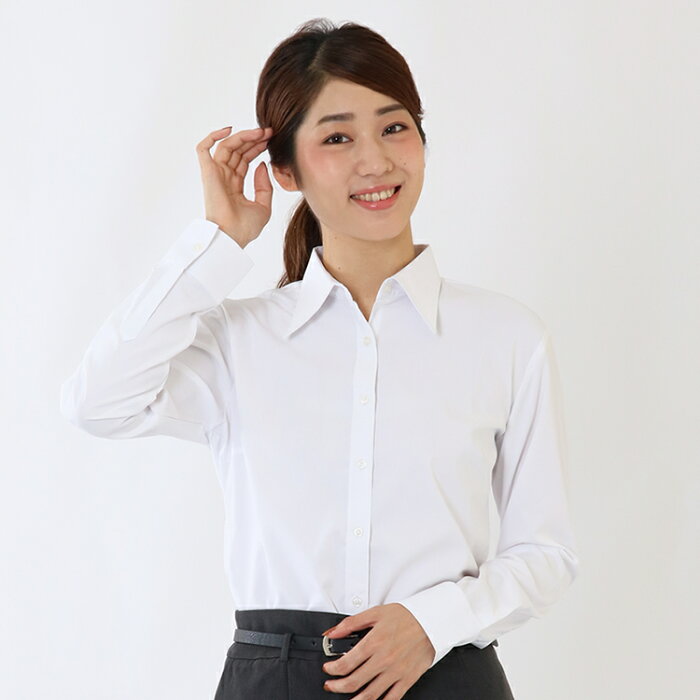 レギュラーカラー ブラウス ストレッチ ワイシャツ レディース オフィス 長袖 Yシャツ ビジネス 作業着 制服 スリム 伸びる 事務服 ホワイト lr2012