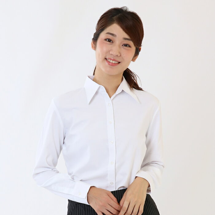 レギュラーカラー ブラウス ストレッチ ワイシャツ レディース オフィス 長袖 Yシャツ ビジネス 作業着 制服 スリム 伸びる 事務服 ホワイト lr2013