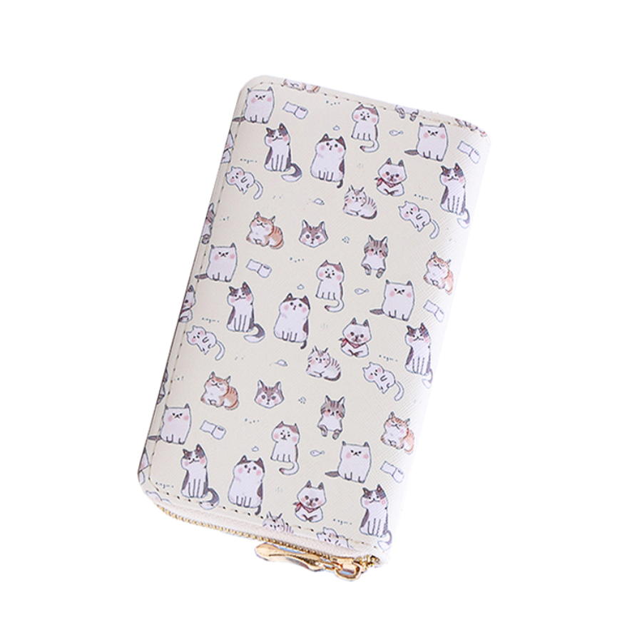 ラウンドファスナー コンパクトウォレット ミニ財布 カードケース コインケース 小銭入れ かわいい 猫 ねこ キャット イラスト プリント(レディース)WA-G-001