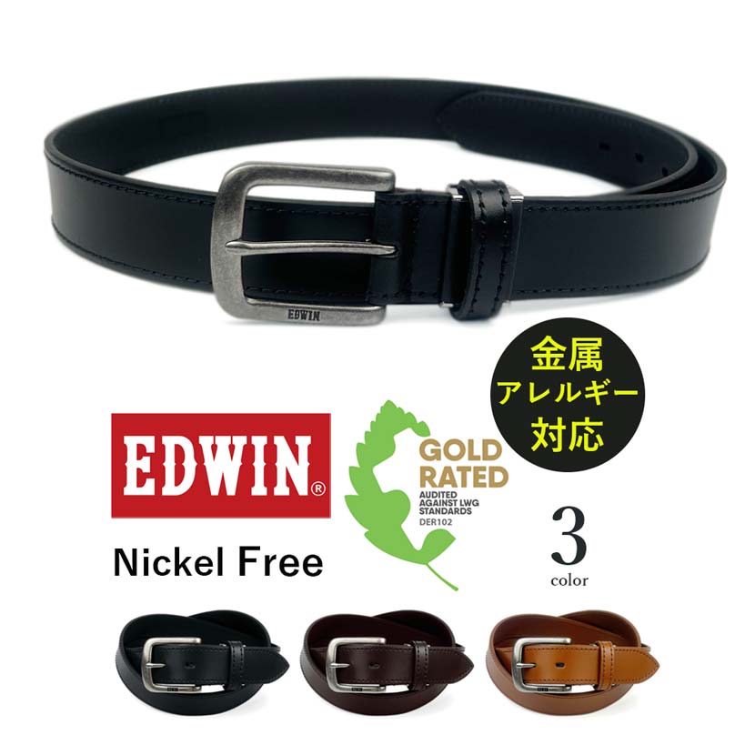 EDWIN(エドウィン)レザー ベルト ステッチデザイン ビジネス カジュアル 通勤 通学 スポーツ ゴルフ ニッケルフリー LWG認証 日本製 牛革 本革(メンズ)0111177