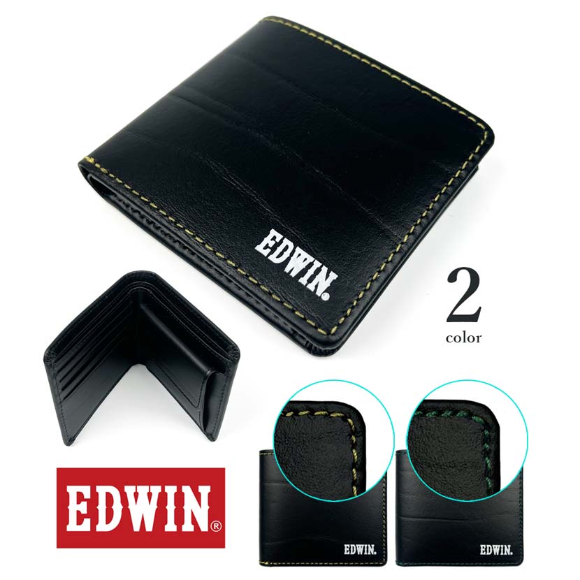 EDWIN(エドウィン)二つ折り 財布 ショートウォレット シンプル カラーステッチ ボンテッドレザー 再生皮革 牛革 本革(メンズ)0510599