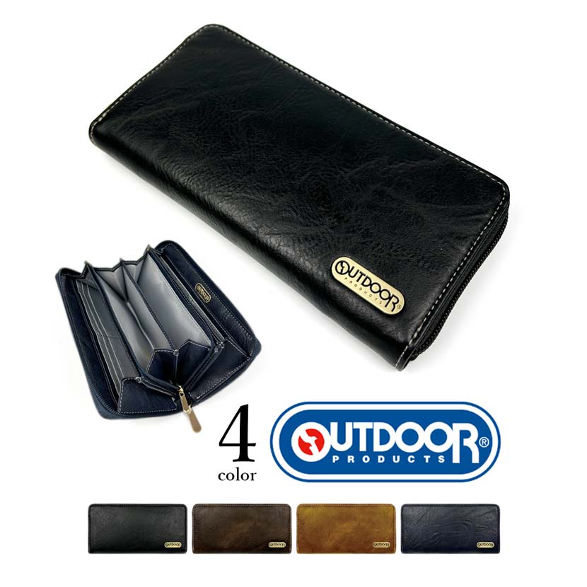 【楽天スーパーSALE・ポイント10倍】OUTDOOR(アウトドア)ラウンドファスナー 長財布 ロングウォレット 蛇腹式 L字ファスナー コインケース ロゴプレート レザー調(メンズ)od0191【父の日】
