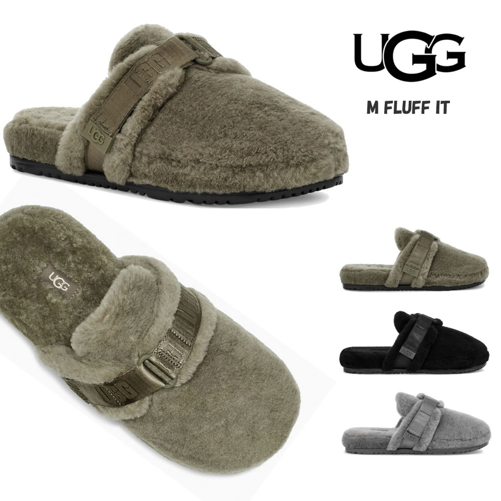 【S】アグ メンズ スリッパ スリッポン フラッフ イット 7 8 9 10 25cm 26cm 27cm 28cm オリーブ カーキ ブラック グレー UGG M FLUFF IT #1118150