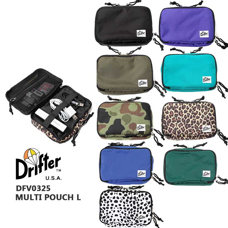 ブランド名 Drifter / ドリフター 商品名 MULTI POUCH Lマルチポーチ ラージポーチ レディース メンズ ユニセックス スタイルNo. DFV0325 カラー 01:BLACK ( ブラック )26:AMETHYST ( アメジスト )35:RANGER ( レンジャー )37:TURQUOISE ( ターコイズ )75:DUCK HUNTER ( ダックハンターカモ )77:LEOPARD ( レオパード )23:BLUE（ブルー）36:FOREST GREEN（フォレストグリーン） 76:DALMATIAN（ダルメシアン） 取り扱いサイズ ONESIZE （ワンサイズ） 素材 420デニールパッククロスナイロン、ポリエステル（プリントパターンモデルのみ） 重さ 約130g *個体差がございますため、誤差につきましてはご容赦下さい。 注意事項 *洗濯機などでの丸洗いはお止めください。*直射日光に当たる場所長時間放置したり、シンナー・ベンジン等の揮発性溶剤を使用は変色や変形の原因となります。絶対にお止めください。*水に濡れると色落ちやシミの原因になり衣服等を汚すことがあります。水に濡らした場合は素早く乾いた柔らかい布で水気を取り、形を整えて陰干しにて完全に乾かしてください。*高温／多湿で長時間放置すると、カビや金属のサビの原因になります。温度、湿気の低い通気性の良い場所に保管してください。*他の革製品やビニール素材と長時間密着した状態の保管は色移りの原因となります。ご注意ください。*目的に合わせて用途や機能性等を考慮し生産されております。目的以外の使用は避けてください。*掲載画像についてですが、できるだけ商品のお色目通りになるように撮影・掲載いたしておりますが、ご覧になられる環境(モニタ)などによって、若干色見等が異なる場合がございます。ご心配な方は、ご遠慮なくお気軽にお問い合わせください。 生産国 Made in Vietnam（ベトナム製）設立当初はパラシュートを作る会社だったDrifter。「Drift = 偏流飛行」の意味に由来して、Drifterというブランド名に。 その名残で今でもブランドロゴにはパラシュートがデザインされています。命の全てをパラシュート一枚にゆだね、大空をゆらゆらと旋回降下してくる優雅な様子はまさに究極。人とライフスタイルの重要な絆になれるようなブランドでありたいという思いが込められています。 小物の整理に便利なマルチポーチ＊ アメリカ発のバッグブランドDrifter（ドリフター）から、マルチポーチのLサイズが届きました♪すぐ取り出したい小物の整理整頓に◎前面コンパートメント：メッシュポケット×1／オープンポケット×1／ラバーバンド（3か所）背面コンパートメント：オープンポケット×2コンパクトながら、収納力抜群！また、背面にあるスナップボタンで他のバックのショルダー部分に装着が可能◎ お馴染みのDrifterロゴがワンポイント。ダブルジップで使いやすい仕様。 メッシュポケット、オープンポケット、ラバーバンドなど様々な収納があり便利◎ 背面側の内側は、仕切りがあるオープンポケット付き。 スナップボタン仕様で、他のバックのショルダー部分に装着が可能◎ 画像をクリックして拡大イメージを表示 Color 01:BLACK ( ブラック )26:AMETHYST ( アメジスト )35:RANGER ( レンジャー )37:TURQUOISE ( ターコイズ )75:DUCK HUNTER ( ダックハンターカモ )77:LEOPARD ( レオパード )23:BLUE（ブルー）36:FOREST GREEN（フォレストグリーン）76:DALMATIAN（ダルメシアン） 　幅　19.5cm 　高さ　14cm 　マチ　3.5cm*メーカー公式のパターン寸となります。実際の商品と若干の誤差が生じる可能性がございます。