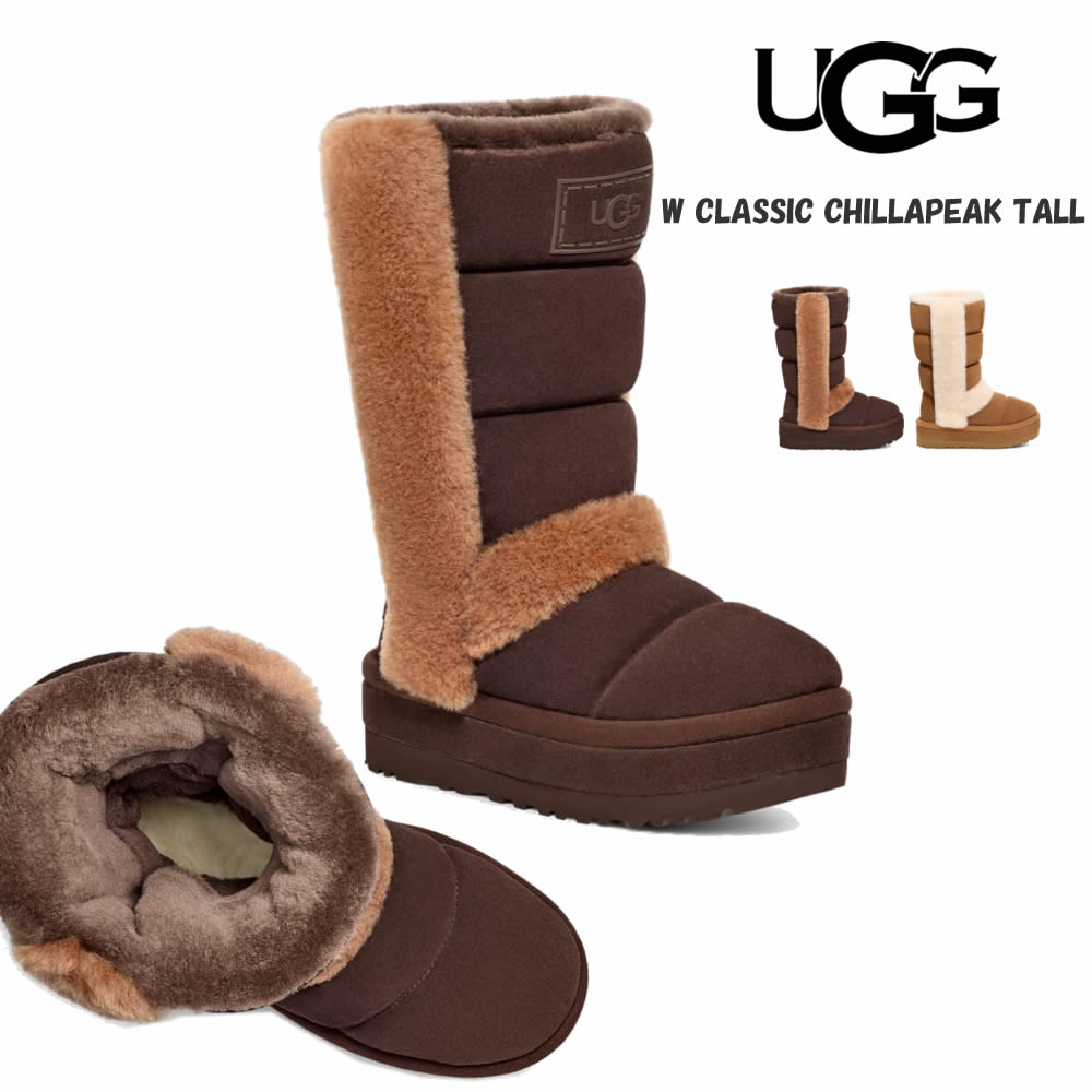 ブランド名 UGG / アグ 商品名 W CLASSIC CHILLAPEAK TALL（ ウィメンズ クラシック チラピーク トール ）レディース ブーツ スタイルNo. #1145990 カラー BCDR（Burnt Cedar）CHE（Chestnut） 取り扱いサイズ 6（23cm）7（24cm）8（25cm）*カッコ内はメーカー記載日本サイズ目安となります。*適応サイズには足幅や甲の高さなど個人差があるため、おすすめサイズはあくまでも目安になります。 素材 ・保護：製造後に施した処理（部分的に撥水加工）・アッパー：スエード、17mmのシープスキン・後部にプルタブ、スエードのマッドガード、マッドガード（再生ポリエステル100％）・ライニング：10mmの*UGGplush（アップサイクルウール60%、リヨセル40%）・インソール：10mmの*UGGplush（アップサイクルウール60%、リヨセル40%）・ミッドソール：スエード張り、EVA・アウトソール：成長の早い再生可能なサトウキビ由来のEVA*UGGplush（アグプラッシュ）：ウールとリヨセルという非常に柔らかな2種類の繊維をブレンドし、最高にソフトでラグジュアリーな肌触りを実現 重さ 片足：約720g*個体差がございますため、誤差につきましてはご容赦下さい。 注意事項 *当店で販売しているUGG製品はすべて、日本の正規輸入代理店であるデッカーズジャパンから仕入れた商品となります。日本の正規輸入元となりますので、カスタマーサービスも万全です。ご安心してお買い求めくださいませ。*生産時期により、外箱や商品についているブランドタグなど、掲載画像と異なる場合がございます。あらかじめご了承下さいませ。*天然素材の場合、一点一点それぞれ風合い、色ムラ（色の濃淡）・シワや質感など異なる場合があります。商品特性としてご理解の上ご購入下さいますようお願い致します。*掲載画像についてですが、できるだけ商品のお色目通りになるように撮影・掲載いたしておりますが、ご覧になられる環境(モニタ)などによって、若干色見等が異なる場合がございます。ご心配な方は、ご遠慮なくお気軽にお問い合わせください。 *上記の理由によるキャンセルはお客様ご都合となります。また、メーカーにより「製造工程上あり得ない」と判断される不良品に関しては、返品をお断りする場合がございますのでご了承下さいますようお願い致します。*皮革本来の特性を保つように染色している為、色落ちの危険性があります。ご使用時は、靴よりも色が濃い物の着用をおすすめいたします。*ご購入直後は、よく足慣らしをして下さい。靴が足に馴染まない状態での長時間の使用は避けて下さい。足を痛める場合があります。*天然皮革の場合、雨天時の使用や水濡れ、また靴内部で発生する湿気などによって、色落ちする場合があります。特に衣類などと長時間接触して、放置しないで下さい。天然皮革製品の色落ちを完全に防ぐことはできませんので、ご了承下さい。*ソールの減りが著しい、または変形した場合の使用は危険ですのでおやめ下さい。*雨天時の路面（特にタイル、マンホール、大理石など）、積雪あるいは凍結路面では、靴底の形状に関わらず大変滑りやすい状態になっています。歩行の際には、十分ご注意下さい。*油が引いてある場所での使用は絶対に避けて下さい。また油が付着した場合は、即座に拭き取って下さい。*雨に濡れたり、内部に湿気がたまった時などに乾燥させる場合は、乾いた布などで水分をよく拭き取り、型崩れ防止のために吸水性の良い紙などを中に詰めて、風通しのいい場所で陰干しして下さい。また、火や高温になるものの近くに置きすぎたり、直射日光に当てすぎると変色や硬化、あるいは機能障害となる恐れがあります。*本商品の設計意図と適合しない、危険が予想される状況でのご使用は避けて下さい。 生産国 MADE IN VIETNAM　（ベトナム製）※世界生産となっておりますので、上記以外の生産国が混在する場合もございますが、お選びいただけませんのでご容赦下さい。1978年、アメリカ西海岸でひとりのサーファーによって設立されたUGGは、カリフォルニアの伝統とアイコニックなクラシックブーツで知られるグローバルライフスタイルブランドです。このブーツは現代のセレブリティが選ぶ“it”シューズの先駆けとして、ハリウッドの有名人やファッションエディターに愛用され、やがて世界中に広がっていきました。ブランド発祥の地、そしてクラシックブーツの時代に左右されないスタイルと感情的共鳴からインスピレーションを得て、常に新しく、そして革新的なスタイルを提案し続けています。 クラシックブーツを大胆にアレンジした＜Classic Chillapeak Tall/クラシック チラピーク トール＞レディースブーツ。 インパクトのあるデザインと脚長効果の期待できるプラットフォームソールが特徴。贅沢なスエードが暖かくソフトに足元を包み込みます。 UGGを代表するUGGplushアップサイクルウールブレンドのライニングを施し、雨水で育つ再生可能なサトウキビから作られたプラットフォームをアウトソールを採用しています。 Color BCDR（Burnt Cedar）CHE（Chestnut） 画像をクリックして拡大イメージを表示