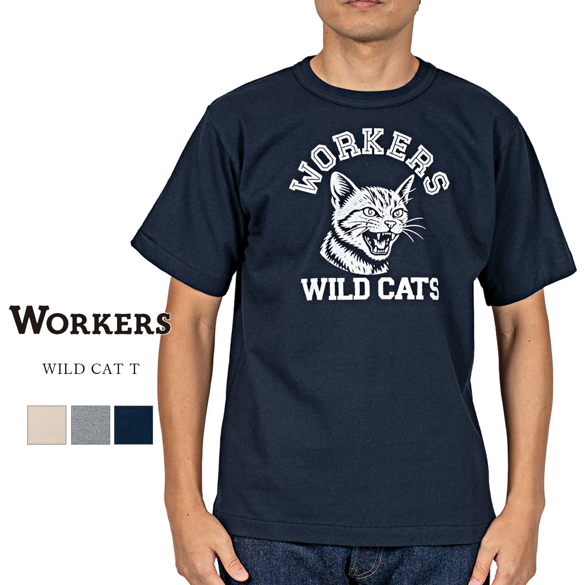 Rakuten - Workers ワーカーズ WILD CAT T ワイルドキャットTシャツ コットン 7オンス カレッジ バインダーネック 日本製 メンズ 〔FL〕