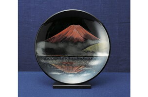 越前塗飾皿写し赤富士皿立台付