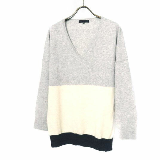 【美品】ICB アイシービー カシミヤ混 羊毛 ウール 切り替え デザイン 長袖 Vネック セーター ニット トップス サイズ S グレー×ベージュ×黒 マルチカラー レディース オンワード樫山
