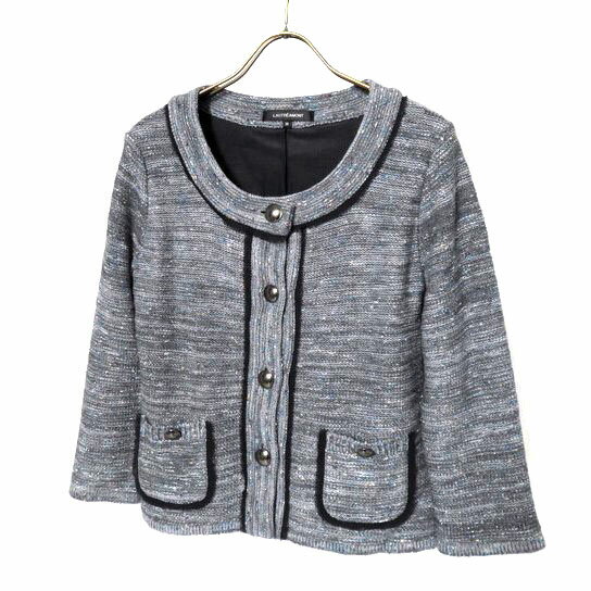 【美品】LAUTREAMONT ロートレアモン ウール混 ラメ入り ノーカラー ニット ショート 七分袖 ジャケット 上着 羽織り アウター サイズ 38 グレー系 マルチカラー レディース 日本製
