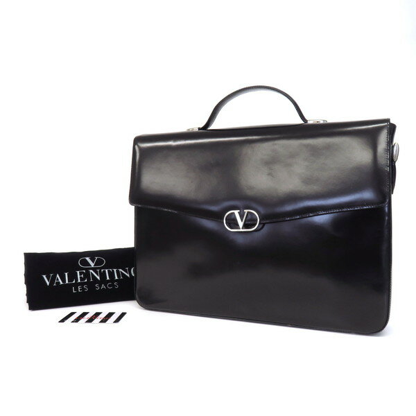 【美品】VALENTINO ヴァレンティノ Vロゴ オーバル金具 カーフスキン レザー ブリーフケース ビジネスバッグ 書類鞄 黒 ブラック メンズ