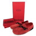 【未使用】TOD’S トッズ フェラーリ コラボ リボン 跳ね馬 型押し ヌバック スエード レザー ドライビングシューズ モカシン スリッポン 靴 size 7 赤 レッド レディース 箱 保存袋付き イタリア製