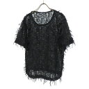 【美品】ZARA ザラ オーガンジー フリンジ シースルー Uネック 半袖 カットソー Tシャツ トップス サイズL 黒 ブラック レディース