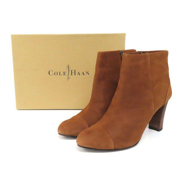 【美品】COLE HAAN コールハーン キャップトゥ サイドジップ スエード レザー ショートブーツ ブーティー ハイヒール 7B 薄茶 ライトブラウン 箱付...