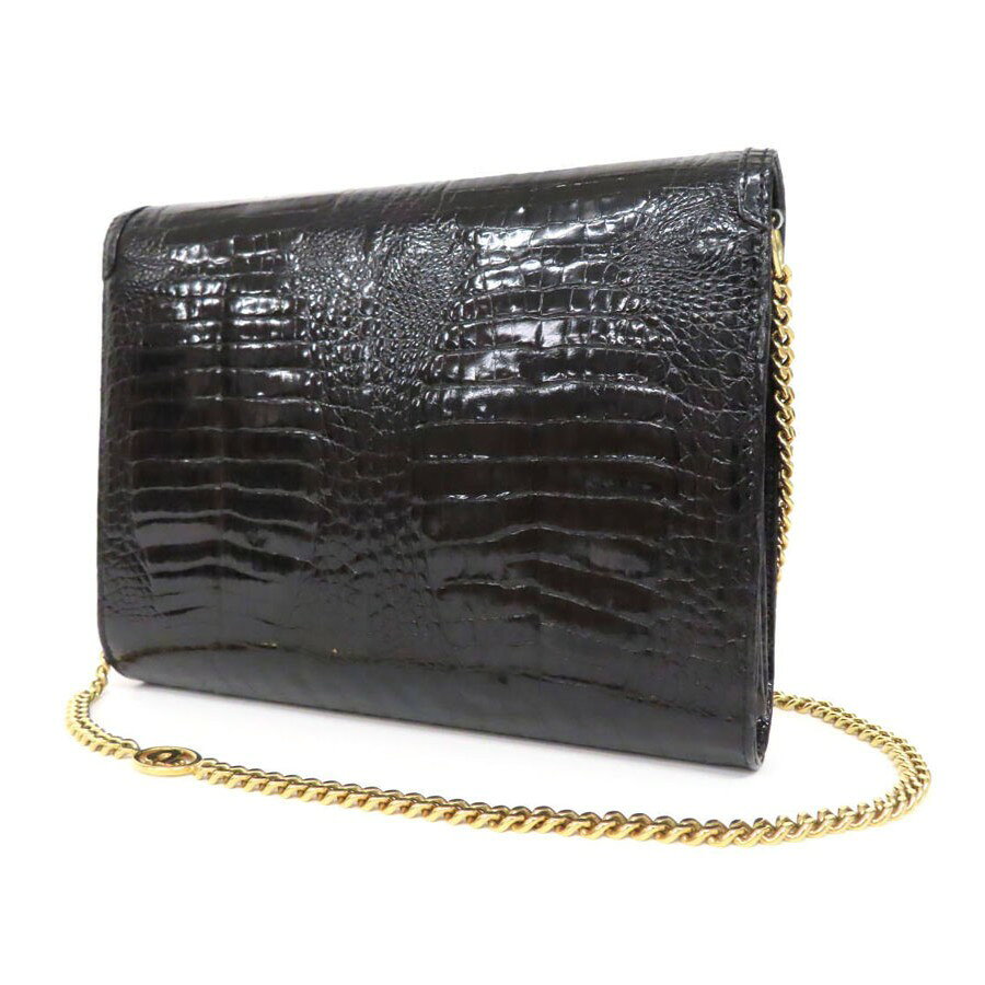 【美品】COMTESSE コンテス 高級 クロコダイル ポロサス ワニ革 レザー ゴールド金具 チェーン 2WAY フラップ ショルダーバッグ クラッチバッグ セカンドバッグ ポーチ 肩掛け カバン ミラー付き 鞄 黒 ブラック フォーマル ドイツ製 レディース