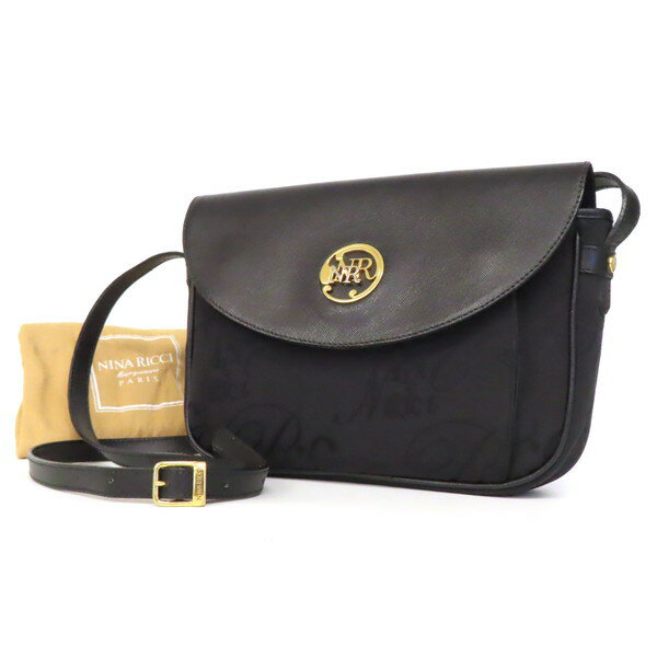 樂天商城 - 【美品】NINA RICCI ニナリッチ サークルロゴ金具 総柄 キャンバス×レザー ゴールド金具 フラップ 斜め掛け クロスボディ ショルダーバッグ 肩掛け カバン 鞄 黒 ブラック 保存袋付き イタリア製 ヴィンテージ レディース