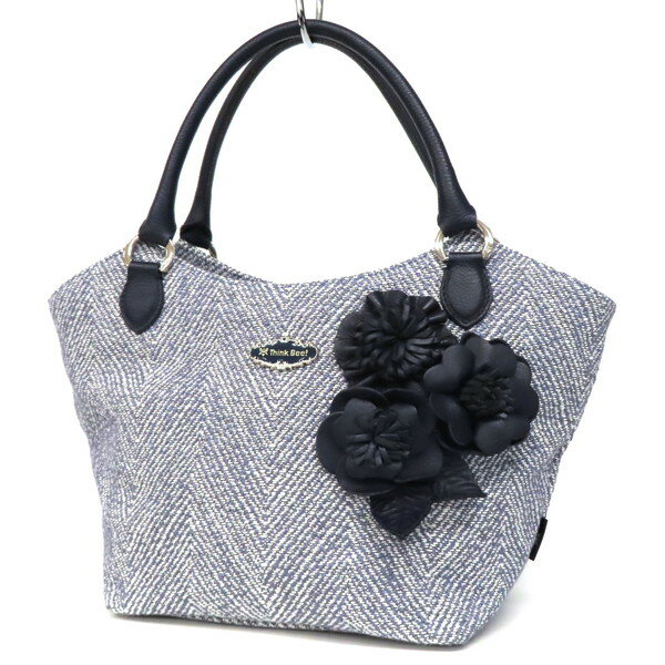 【美品】Think Bee! シンクビー トートバッグ ネイビーロゼッタ フラワー 花モチーフ ツイード×レザー ヘリンボーン 舟形 ハンドバッグ 白×紺 ホワイト×ネイビー レディース