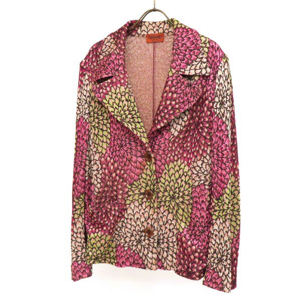 Rakuten - 【美品】MISSONI ミッソーニ ニットジャケット 花柄 総柄 テーパード 3つ釦 ウール混 レーヨン size48 ピンク イタリア製 レディース