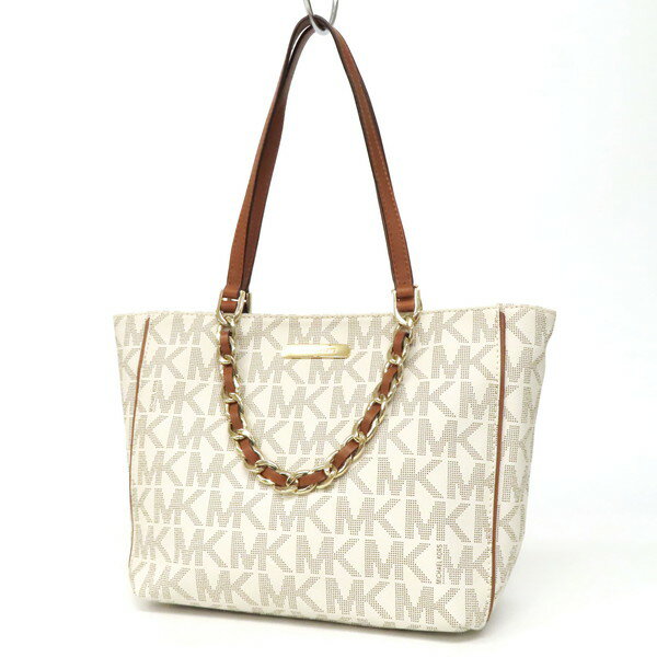 Rakuten - 【極美品】MICHAEL KORS マイケルコース Harper Tote ハーパー 2WAY ハンドバッグ トートバッグ ショルダーバッグ PVC×レザー MK柄 チェーンショルダー アイボリー系×ブラウン レディース