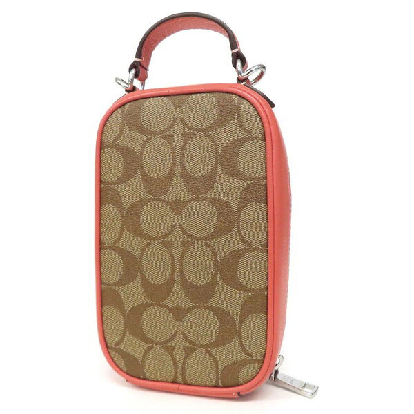 【極美品】COACH コーチ エヴァ フォーン クロスボディ 2WAY ミニ ハンドバッグ ショルダーバッグ シグネチャー PVC×レザー ラウンドジップ 斜め掛け スマホショルダー ポシェット ベージュ×ピンク系 レディース