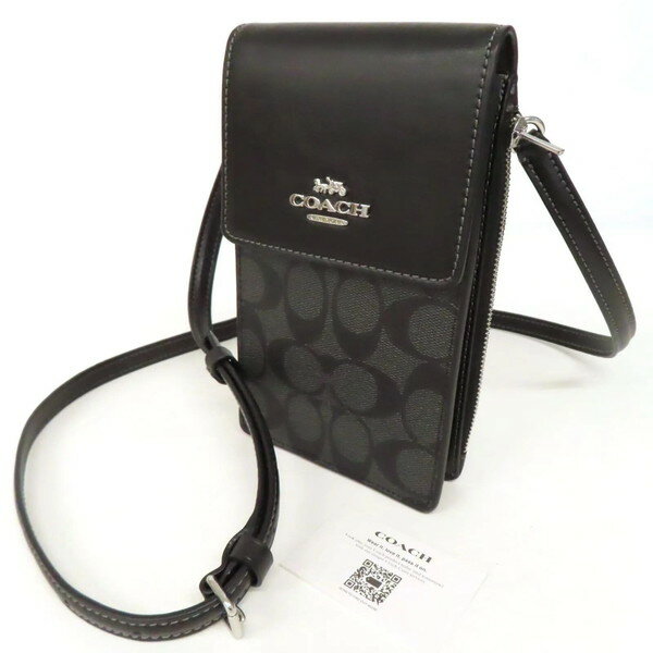 【極美品】 COACH コーチ サウス フォーン クロスボディ ミニ ショルダーバッグ シグネチャー PVC×レザー メタルロゴ シルバー金具 フラップ 斜め掛け スマホショルダー 黒 ブラック レディース
