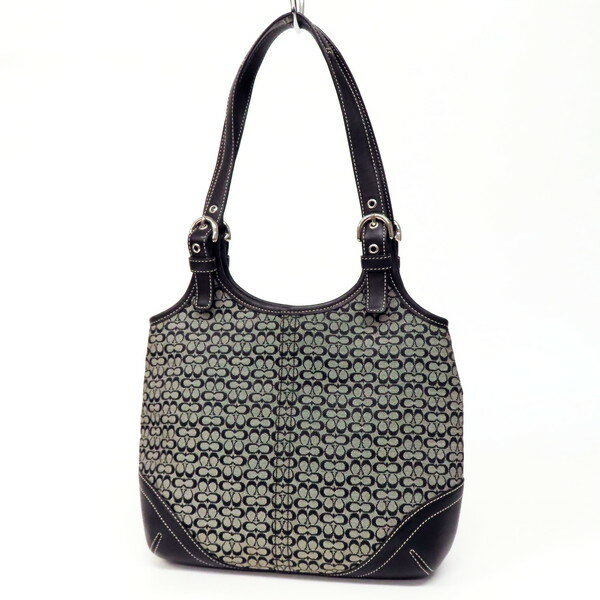【美品】COACH コーチ ミニシグネチャー柄 肩掛け ハンドバッグ トートバッグ ショルダー調整可能 ジャガード×レザー グレー×ブラック レディース
