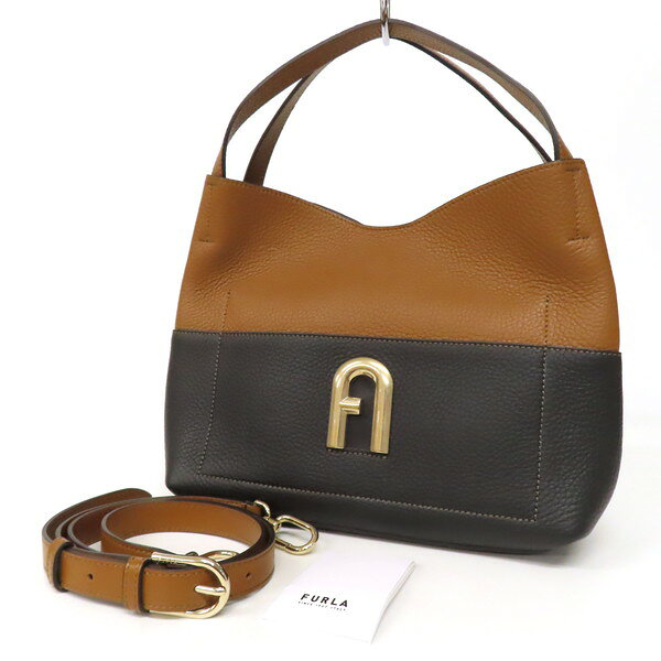 樂天商城 - 【美品】FURLA フルラ 2WAY トートバッグ ハンドバッグ ショルダーバッグ オールレザー シボ革 ロゴ金具 バイカラー 黒×茶 イタリア製 レディース