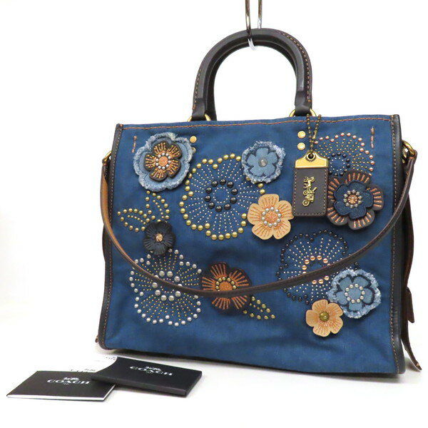 M - 【極美品】COACH コーチ ティーローズ 2WAY トートバッグ 肩掛け ショルダーバッグ デニム×レザー 花モチーフ フラワー スタッズ リベット 青系 ブルー レディース