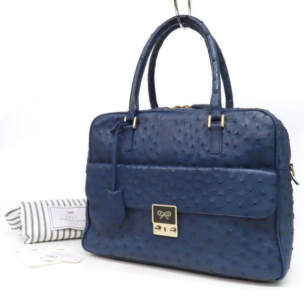 樂天商城 - 【美品】ANYA HINDMARCH アニヤハインドマーチ オーストリッチ ダチョウ革 レザー 鍵付き スクエア トートバッグ ミニボストンバッグ 青 ブルー イタリア製 レディース