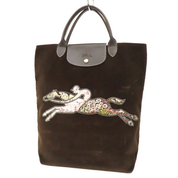 樂天商城 - 【美品】LONGCHAMP ロンシャン ルプリアージュ トートバッグ 花柄ロゴ フラワー パッチワーク コーデュロイ×レザー ダークブラウン フランス製 レディース 希少 レア