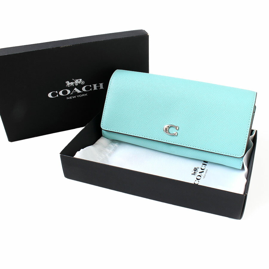 【極美品】COACH コーチ エッセンシャル ミディアム フラップ ウォレット ぺプル レザー 長財布 ロングウォレット ミントブルー アクアマリン CH803 パスケース付き