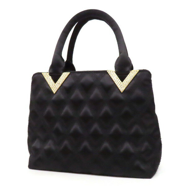 樂天商城 - 【美品】VALENTINO ヴァレンティノ Vロゴ金具 ラインストーン キルティング サテン ハンドバッグ パーティーバッグ ミニバッグ 黒 ブラック レディース ヴィンテージ