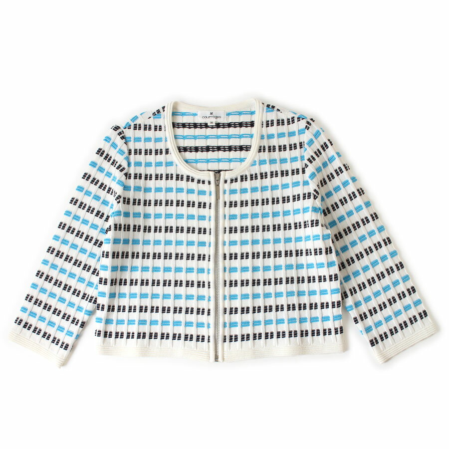 Rakuten - 【美品】courreges クレージュ 7分袖 ニット ジャケット ホワイト×ライトブルー×ブラック 白 38 日本製
