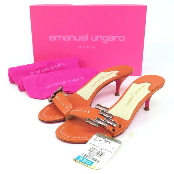 Rakuten - 【極美品】emanuel ungaro エマニュエルウンガロ ミュール サンダル 革 レザー クリスタルパーツ 装飾 ヒール 7M サーモンピンク イタリア製 レディース