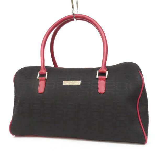 【美品】BALENCIAGA バレンシアガ ミニボストンバッグ ハンドバッグ トートバッグ キャンバス×レザー BBロゴ 総柄 バイカラー パイピング 黒 ブラック×レッド レディース