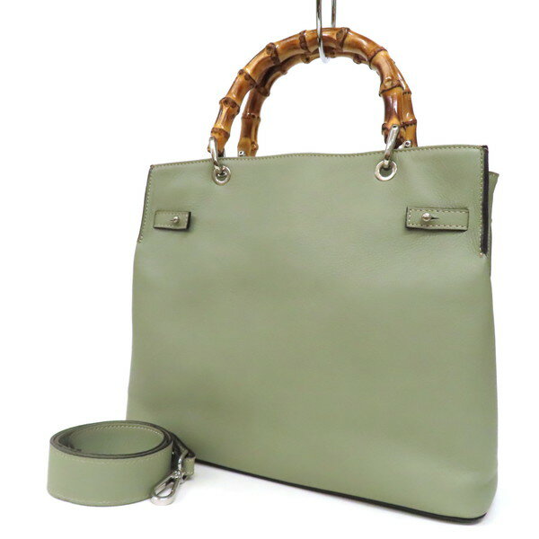 Rakuten - 【極美品】DEL CONTE デルコンテ 2WAY トートバッグ ショルダーバッグ バンブーハンドル 本革 レザー スクエア 緑 モスグリーン イタリア製 レディース