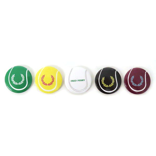 Rakuten - 【美品】FRED PERRY フレッドペリー 缶バッジ 5色セット ロゴ テニスボールモチーフ ピンバッジ テニスラケット 振動止め 振動ダンプナー 緑 グリーン 黄 イエロー 白 ホワイト 黒 ブラック 赤系 バーガンディ ファッションアイテム 【送料無料】