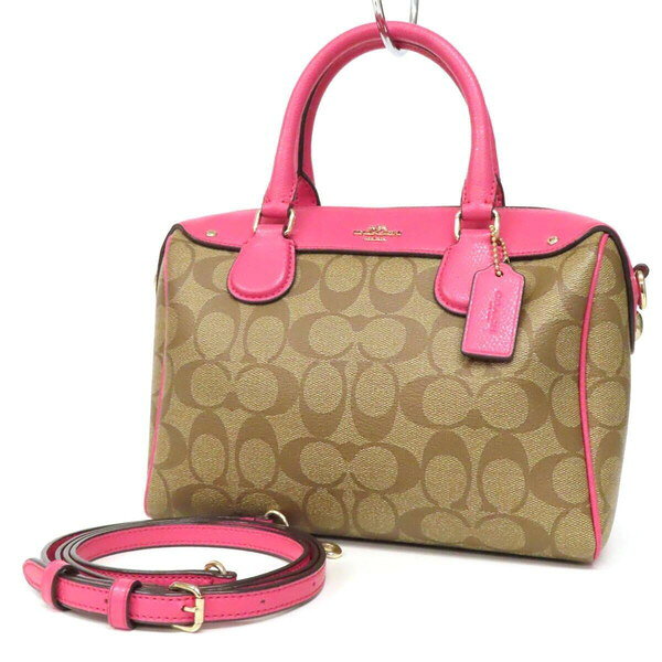 Rakuten - 【中古・美品】コーチ COACH シグネチャー ミニベネット 2WAY ハンドバッグ ショルダーバッグ ミニボストン PVC×レザー ベージュ×ピンク クロスボディ 斜め掛け レディース